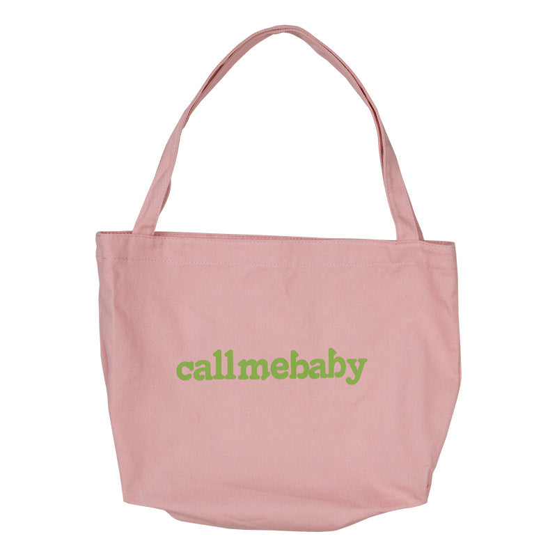 Women Simple Solid Color Letter Printing Large Capacity Canvas Shopping Bag