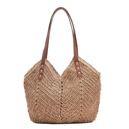 Sac à bandoulière en paille pour femme, décontracté, tissé creux, couleur unie, grande capacité 