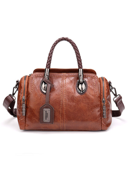 Women Fashion Retro Zip PU Woven Handle Shoulder Bag