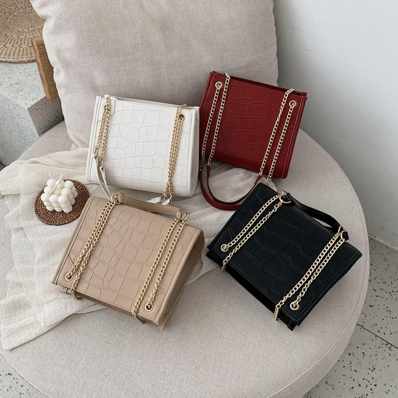 Women Casual Chain Design Stone Pattern PU Shoulder Bag