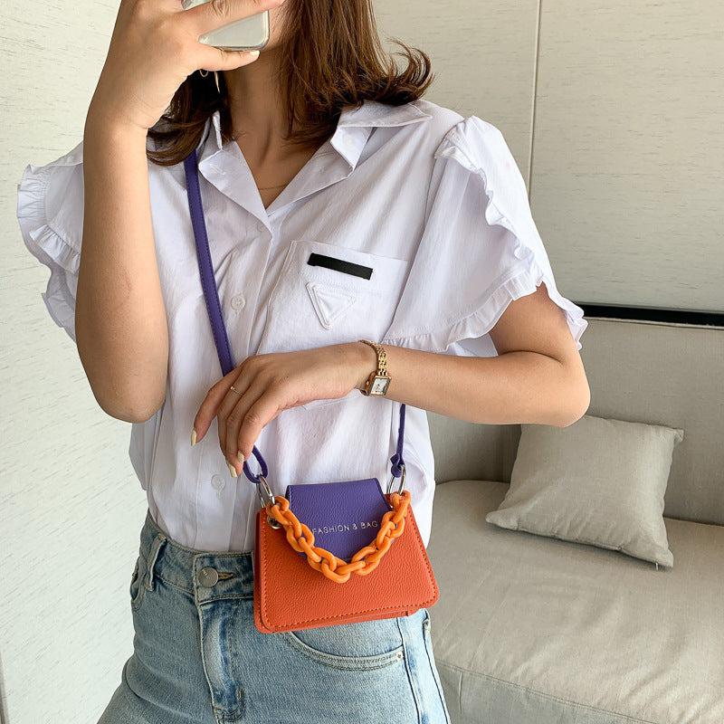 Women Creative Thick Chain Flap Design Color Blocking PU Mini Crossbody Bag