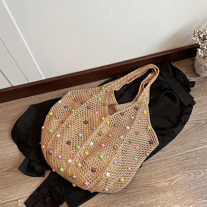 Sac fourre-tout tissé creux à perles pour femme
