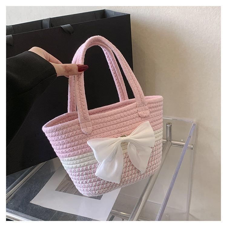 Sac à main décontracté en paille tissée avec nœud et motif floral pour femme, idéal pour les vacances, été 
