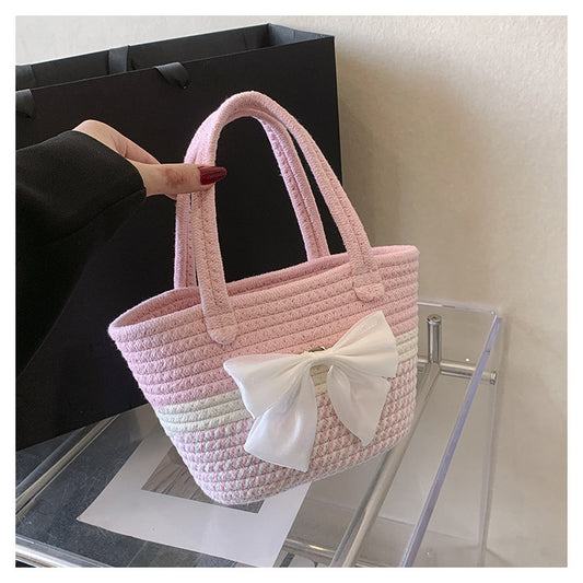 Sac à main décontracté en paille tissée avec nœud et motif floral pour femme, idéal pour les vacances, été 