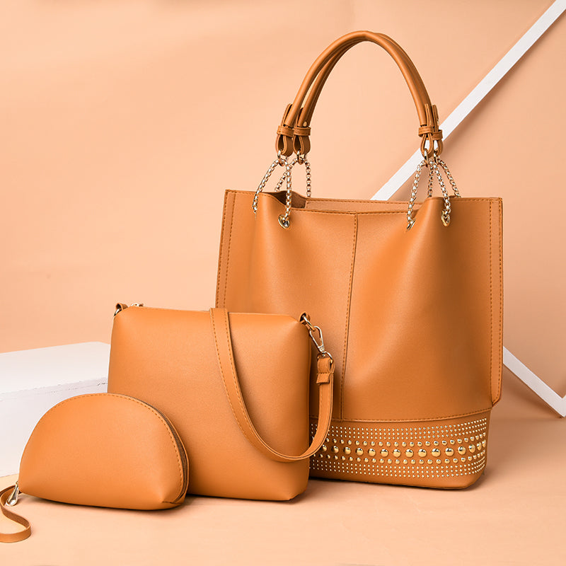 3 In 1 Women Fashion Rivet Decorative Solid Color Large Capacity PU Handle Bag