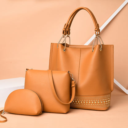 3 In 1 Women Fashion Rivet Decorative Solid Color Large Capacity PU Handle Bag