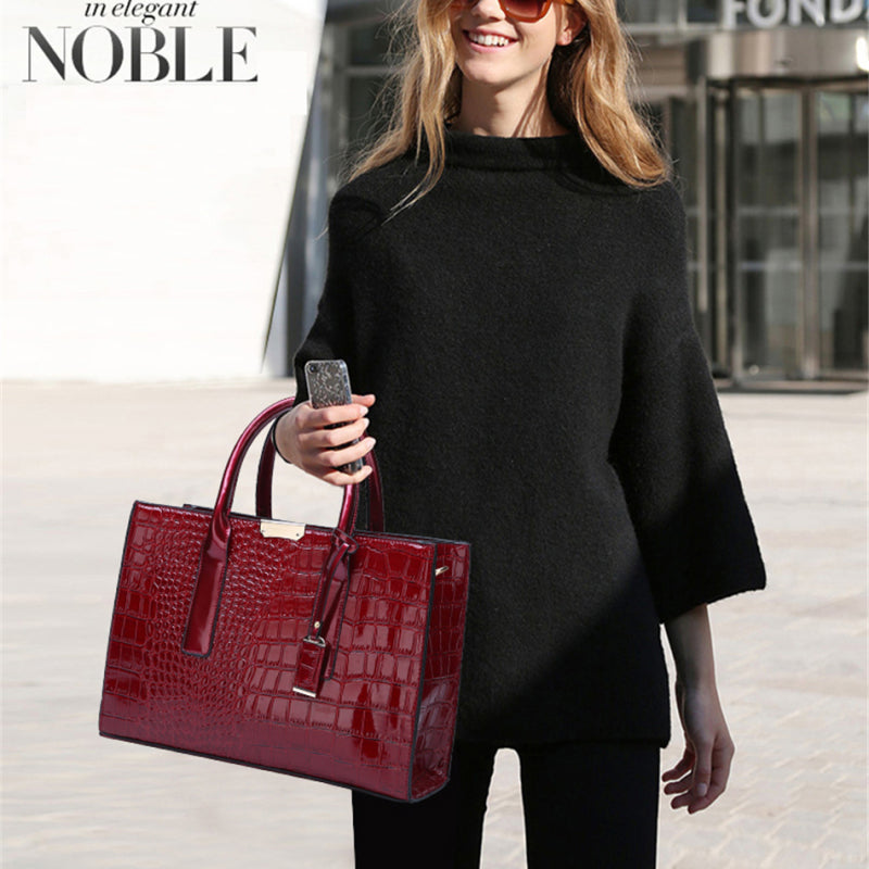 Women Vintage Zipper Design Crocodile Pattern Large Capacity PU Handle Bag