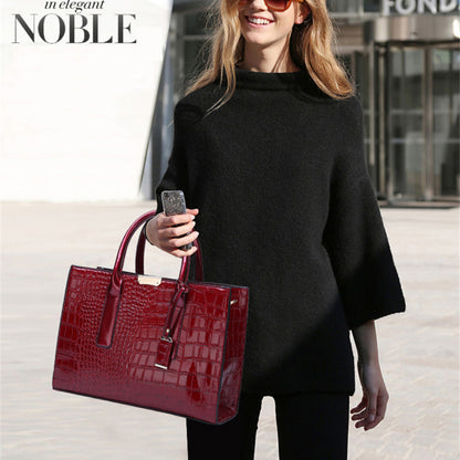 Women Vintage Zipper Design Crocodile Pattern Large Capacity PU Handle Bag