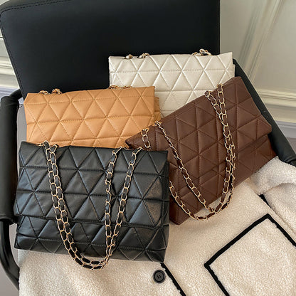 Women Casual Chain Design Solid Color Rhombus Large Capacity PU Shoulder Bag