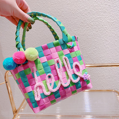 Women Cute Sweet Letters Decorative Colorful Woven Design Pompon Pendant Straw Shoulder Bag