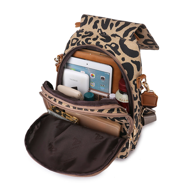 Women Fashion Leopard Pattern Zipper Design Multifunctional Large Capacity PU Backpack