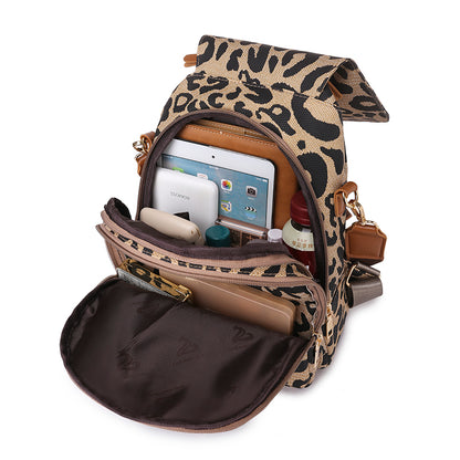 Women Fashion Leopard Pattern Zipper Design Multifunctional Large Capacity PU Backpack