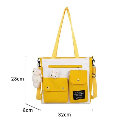Women Cute Cartoon Doll Decoration Pocket Design Color Blocking Canvas Shoulder Bag