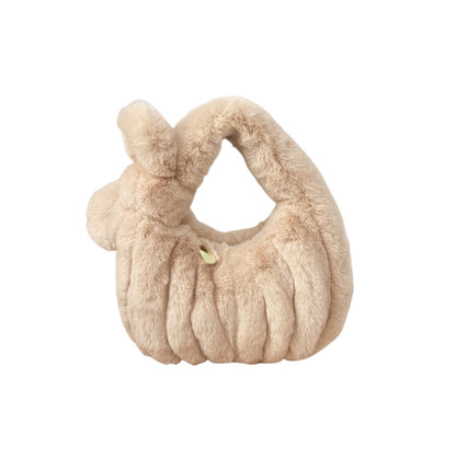 Women'S Fashion Solid Color Bow Crinkled Plush Cloud Shell Handbag