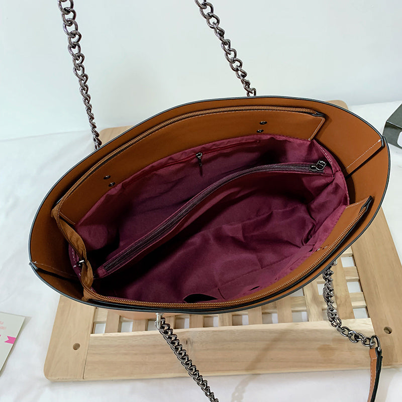Women Casual Chain Design Solid Color Large Capacity PU Tote Bag