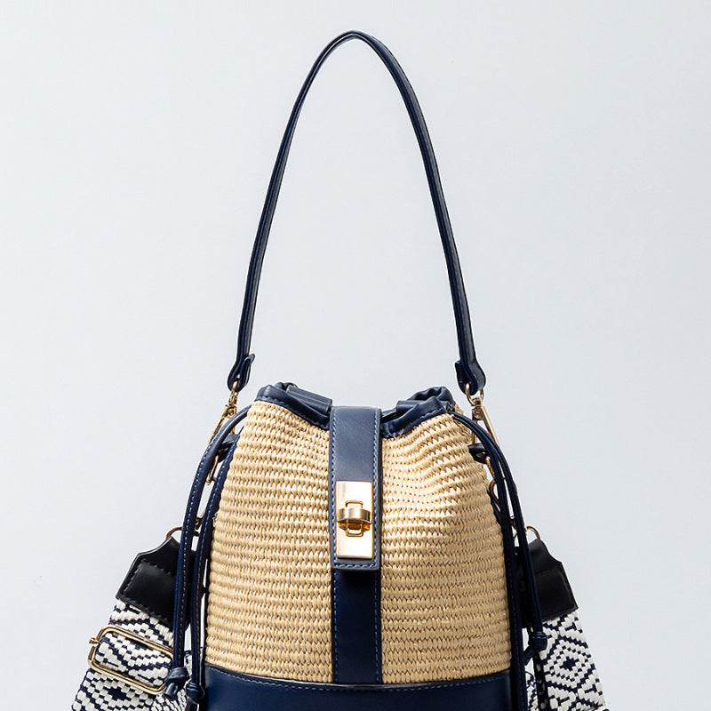 Women Bohemian Grass Woven Wide-Brimmed Jacquard Strap Drawstring Shoulder Bag