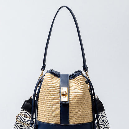 Women Bohemian Grass Woven Wide-Brimmed Jacquard Strap Drawstring Shoulder Bag