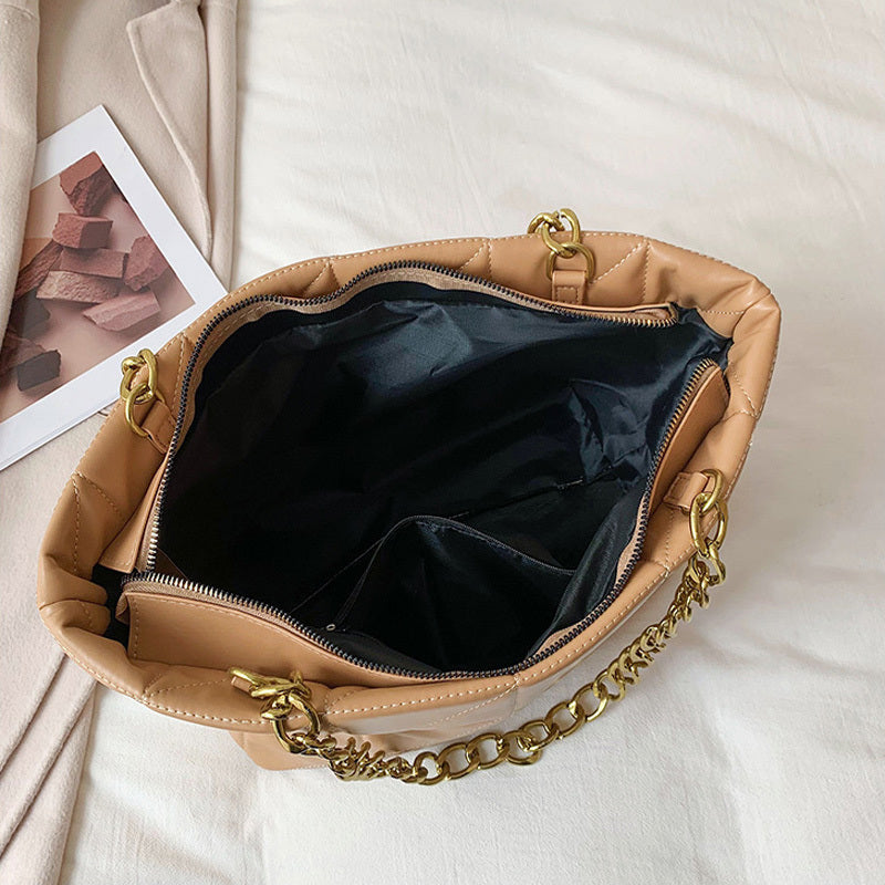 Women Basic Casual Chain Design Solid Color Large Capacity PU Tote Shoulder Bag