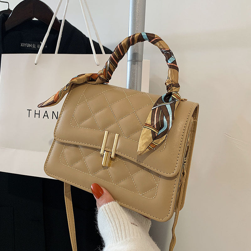 Women Elegant Silk Scarf Decorated Flap Buckle Design Rhombus Stitching Solid Color PU Crossbody Bag