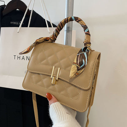 Women Elegant Silk Scarf Decorated Flap Buckle Design Rhombus Stitching Solid Color PU Crossbody Bag