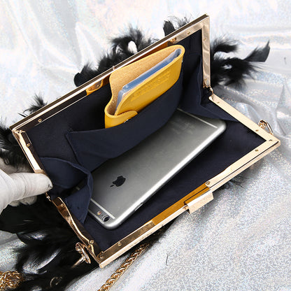 Women Fashion Trend Feather Decoration Metal Buckle Design Square Clutch Bag