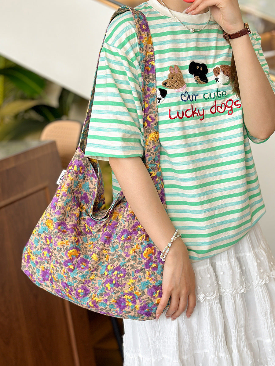 Women Casual Large-Capacity Small Tiny Flower Printed Canvas Tote Bag