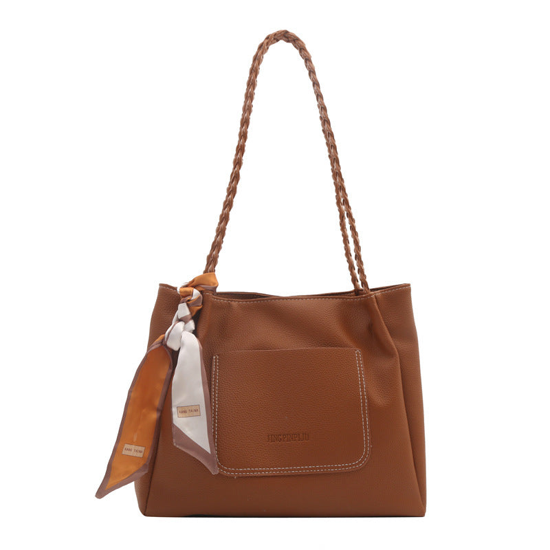 Women Fashionable Solid Color Silk Scarf Decorative Large Capacity PU Tote Bag