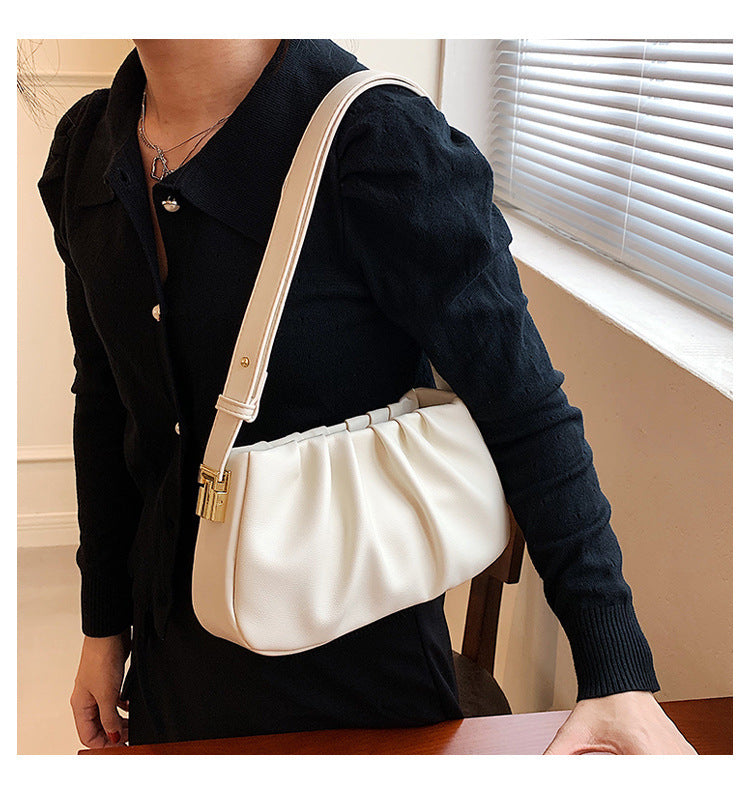 Women Fashion Retro Solid Color Pleated Shoulder Bag