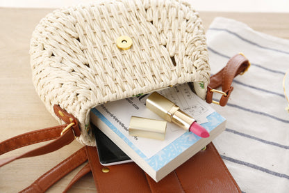 Women Fashion Simple Vacation Beach Straw Woven Color Block Tassel Zipper Flap Shoulder Bag