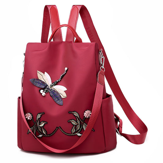 3D Embroidery Dragonfly Oxford Cloth Women Vintage Zipper Design Solid Color Large Capacity Backpack