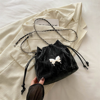 Summer Women Fashionable Solid Color Butterfly Decoration Drawstring Bucket Crossbody Bag