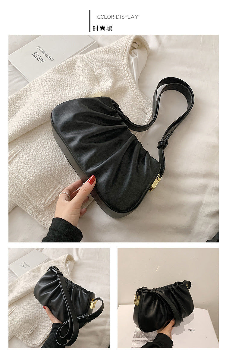 Women Fashion Retro Solid Color Pleated Shoulder Bag