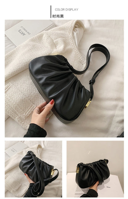 Women Fashion Retro Solid Color Pleated Shoulder Bag
