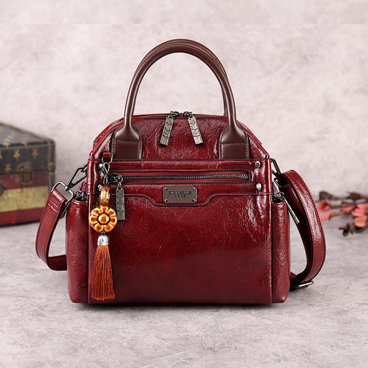 Women Vintage Fashionable Wax Leather Large Capacity Handle Shoulder Bag