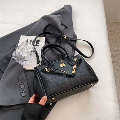 Women Fashion Solid Color Lock PU Handle Shoulder Bag