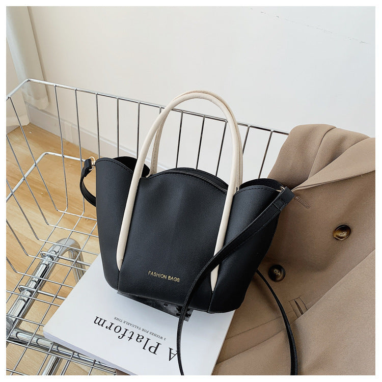 Women Fashion Solid Color Wavy Edge PU Handle Shoulder Bag