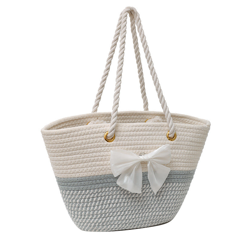 Women Fashionable Ethnic Style Straw Woven Bow Large Capacity Tote Bag