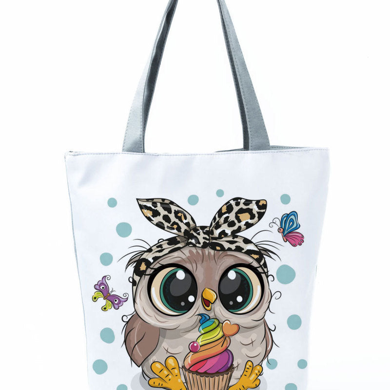 Simple White Creative Cartoon Owl Print Shopping Bag