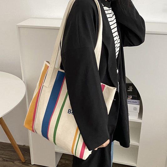 Women Casual Stripe Color Blocking Letter Printed Large Capacity One Shoulder Canvas Bag