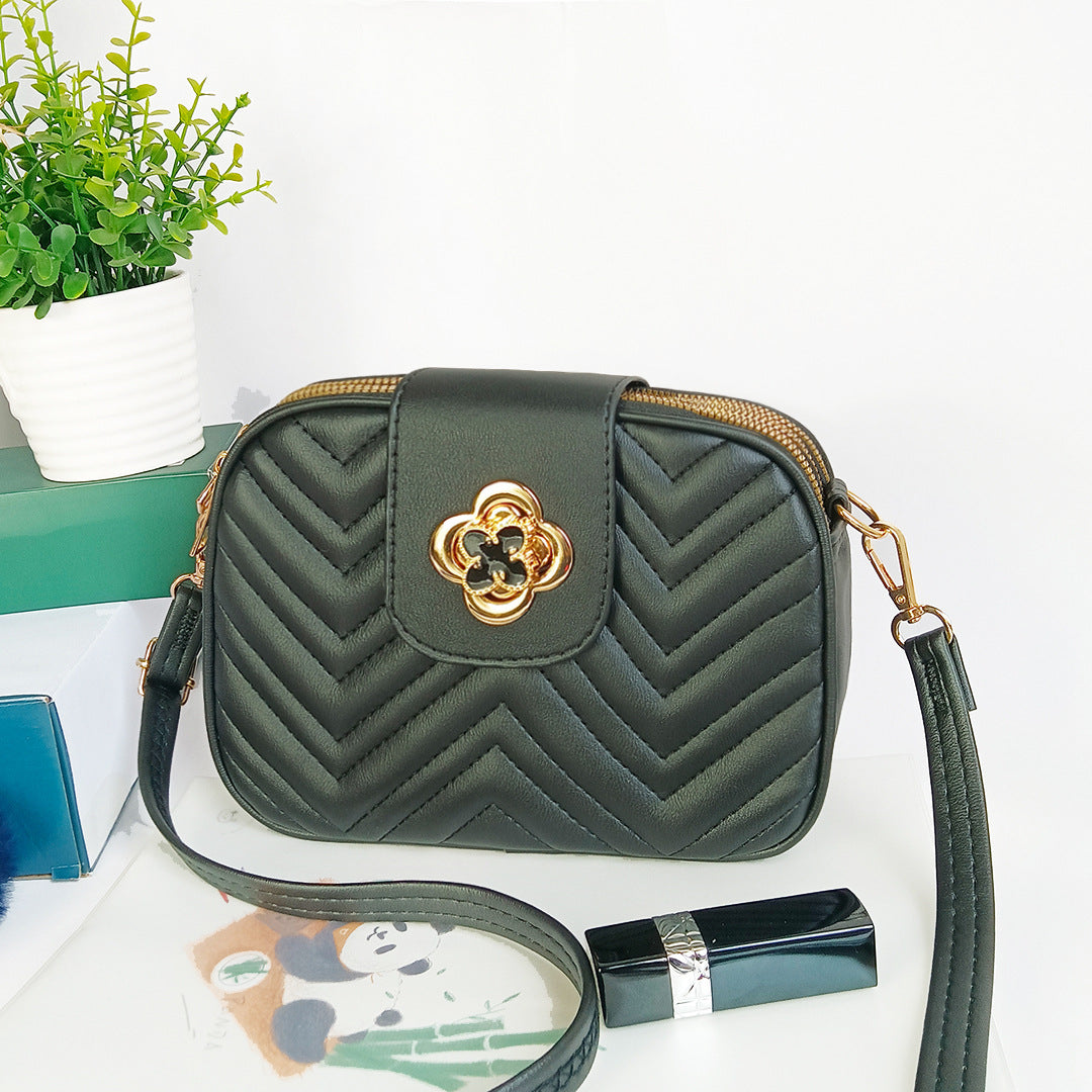 Sac à bandoulière en PU à trois couches avec fermeture éclair et broderie florale à rayures de couleur unie pour femme 