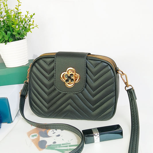 Sac à bandoulière en PU à trois couches avec fermeture éclair et broderie florale à rayures de couleur unie pour femme 