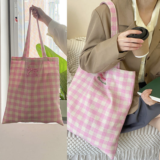 Women Fashion Plaid Colorblock Large Capacity Canvas Shopping Tote Bag