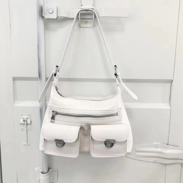 Women Fashion Simple Solid Leather Large Capacity Shoulder Zipper Underarm Bag