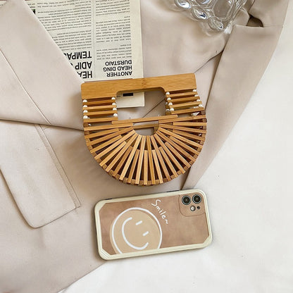 Women Fashion Bamboo Weaving Pearl Pop Straw Saddle Handbag