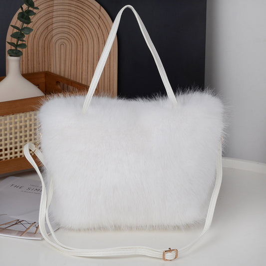 Autumn Winter Women Fashionable Solid Color Plush Faux Fox Fur Handbag