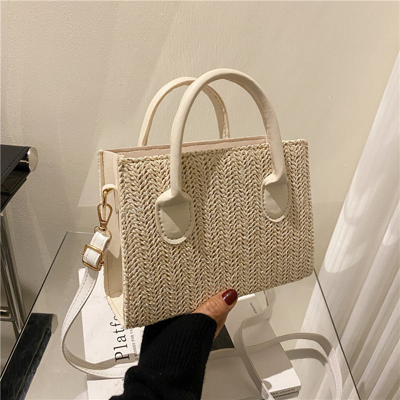 Sac à bandoulière en paille tissée pour femme, simple et tendance, grande capacité, avec poignée carrée 