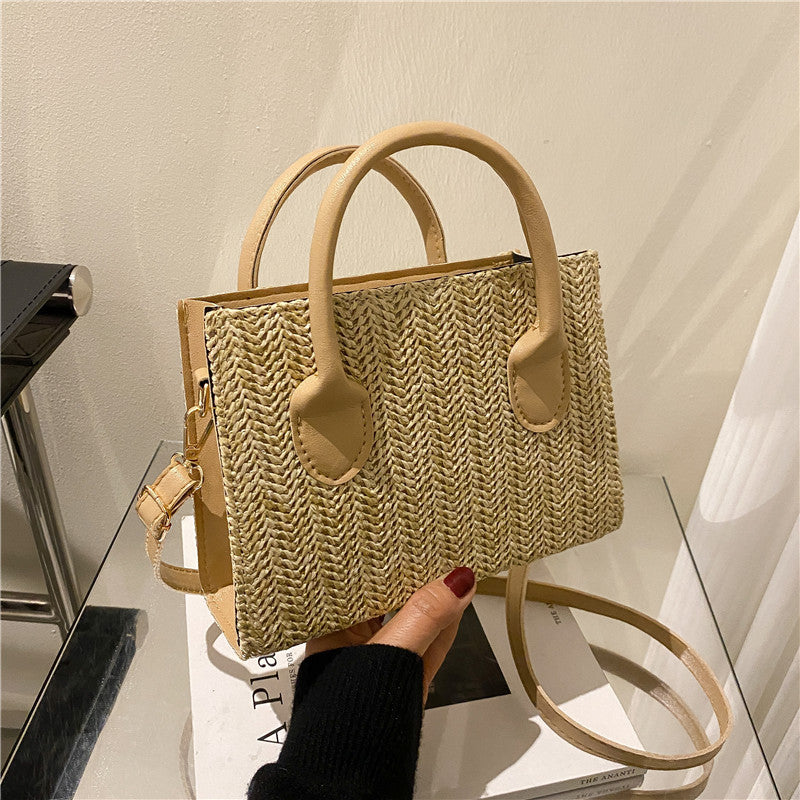Sac à bandoulière en paille tissée pour femme, simple et tendance, grande capacité, avec poignée carrée 