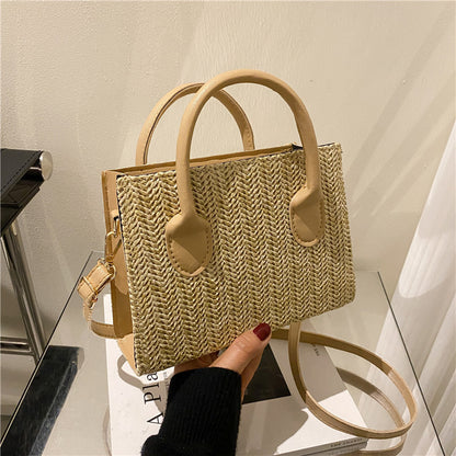 Sac à bandoulière en paille tissée pour femme, simple et tendance, grande capacité, avec poignée carrée 