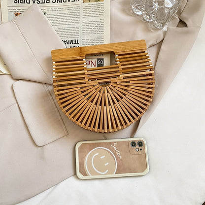 Women Fashion Bamboo Weaving Pearl Pop Straw Saddle Handbag