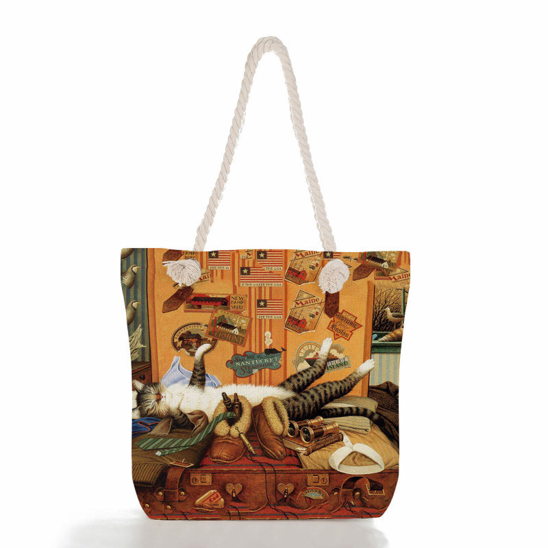 Women'S Cute Cat Print Thick Rope Travel Shopping Bag